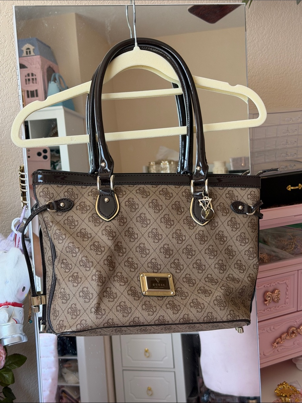 GUESS Brown Monogram Tote with Dark Brown Patent Trim and Gold Hardware